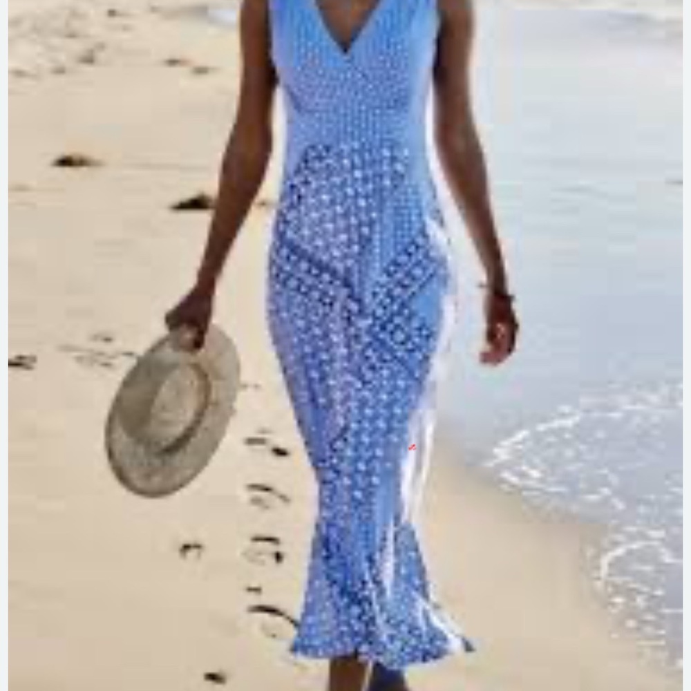 L.L. Bean Delft Blue Sleeveless V-Neck  Print Rayon Jersey Knit Sundress M